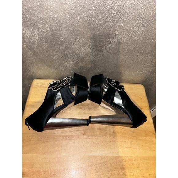 H by Halston Black Satin Rhinestone Platform Heels 7M Silver Tone 5.5” Open Toe - Picture 8 of 16